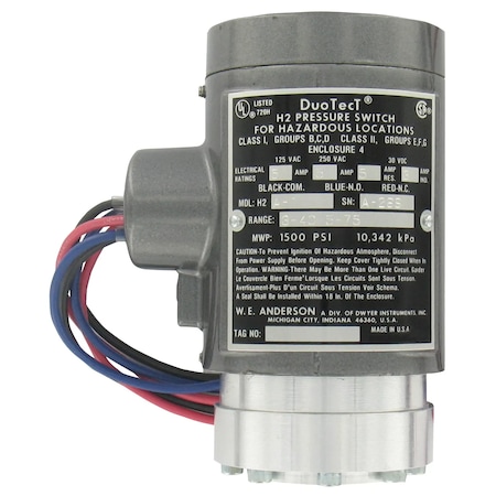 Dwyer Instruments Pressure Switch, Standard, 2SPDT, 1/4" FNPT, 25 to 250 psi, 30 to 400 psi Range H2S-2